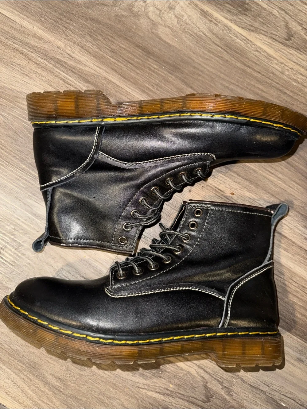 Fashion Black Combat Boots Lace Up Yellow Stitch Lug Sole Size EU 43